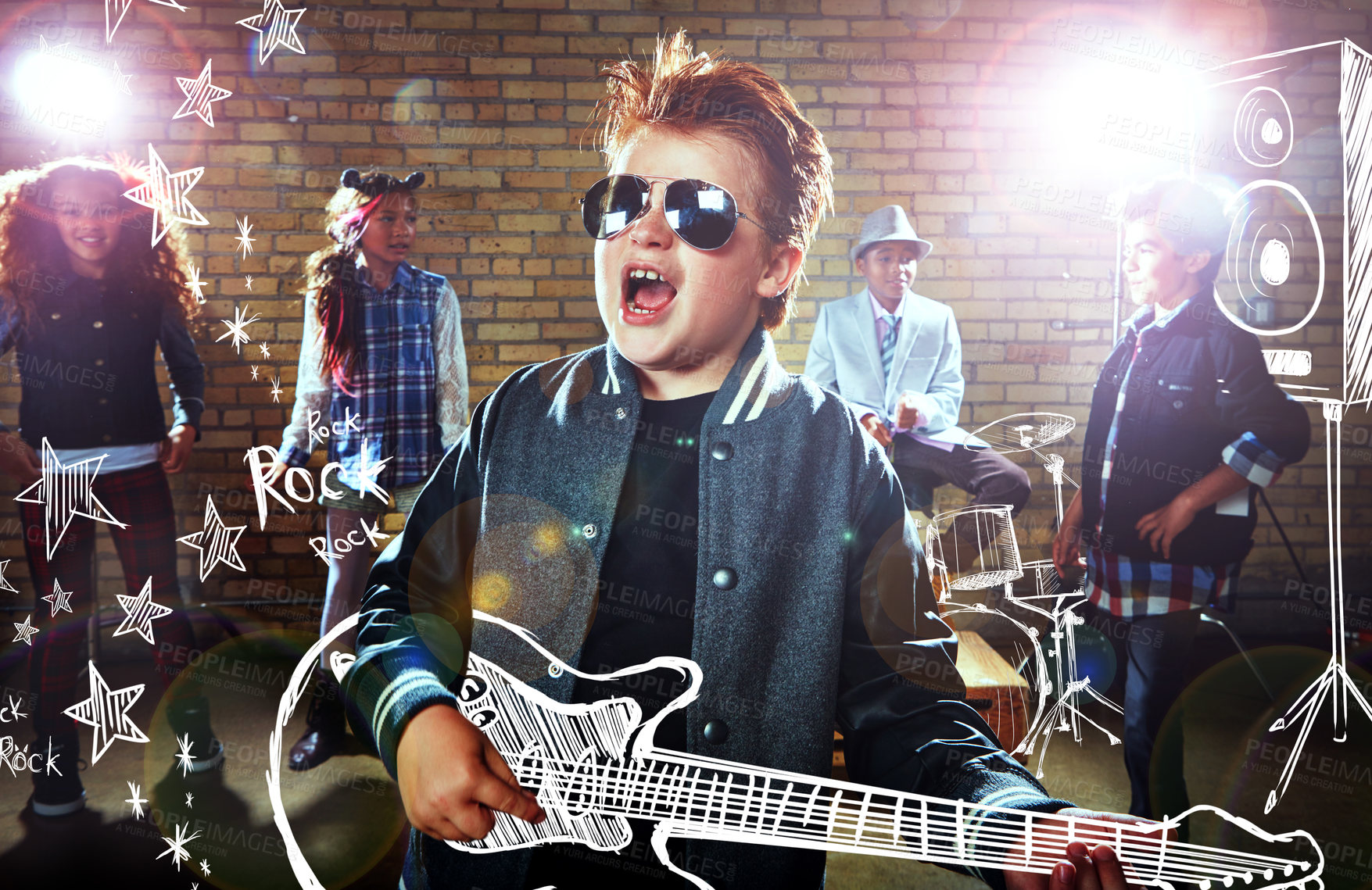 Buy stock photo Shot of children playing rock music on imaginary instruments