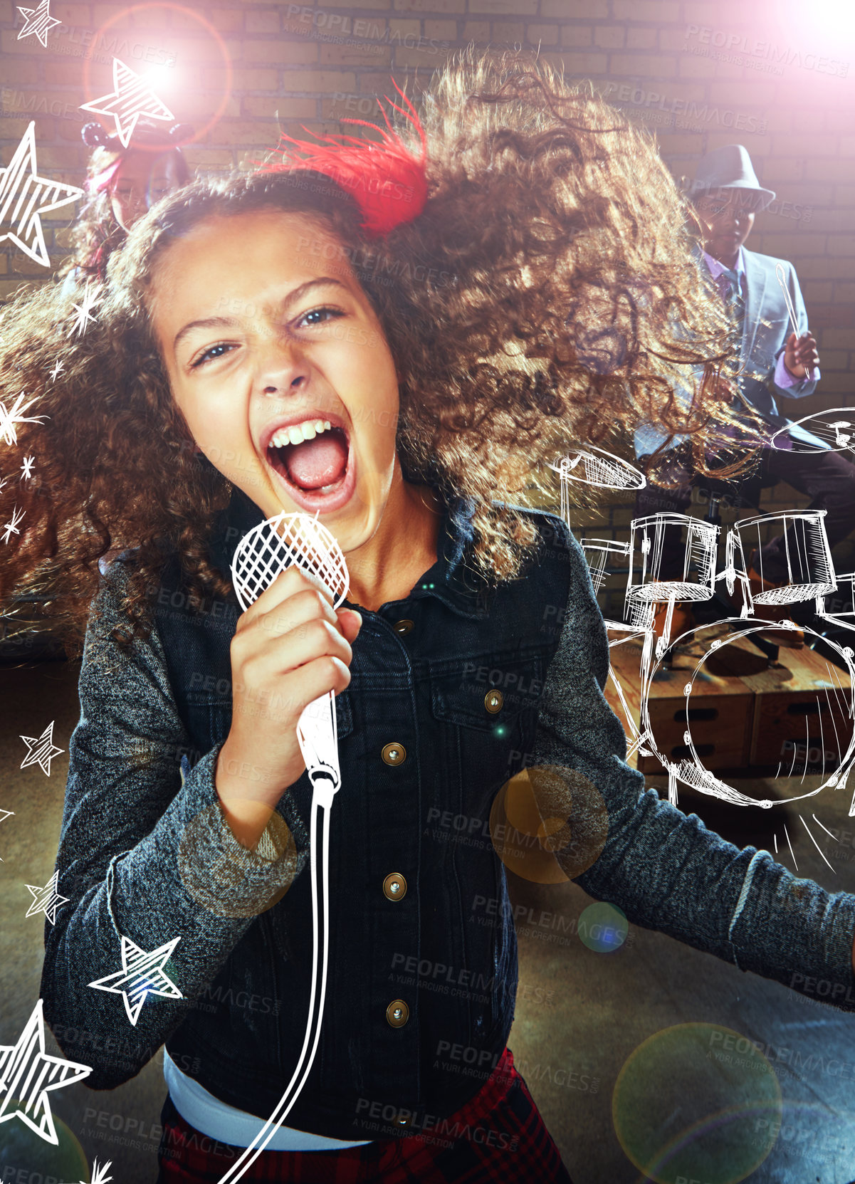 Buy stock photo Shot of children singing and playing rock music on imaginary instruments