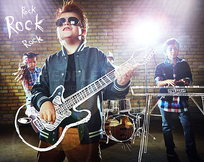 Buy stock photo Shot of children playing rock music on imaginary instruments