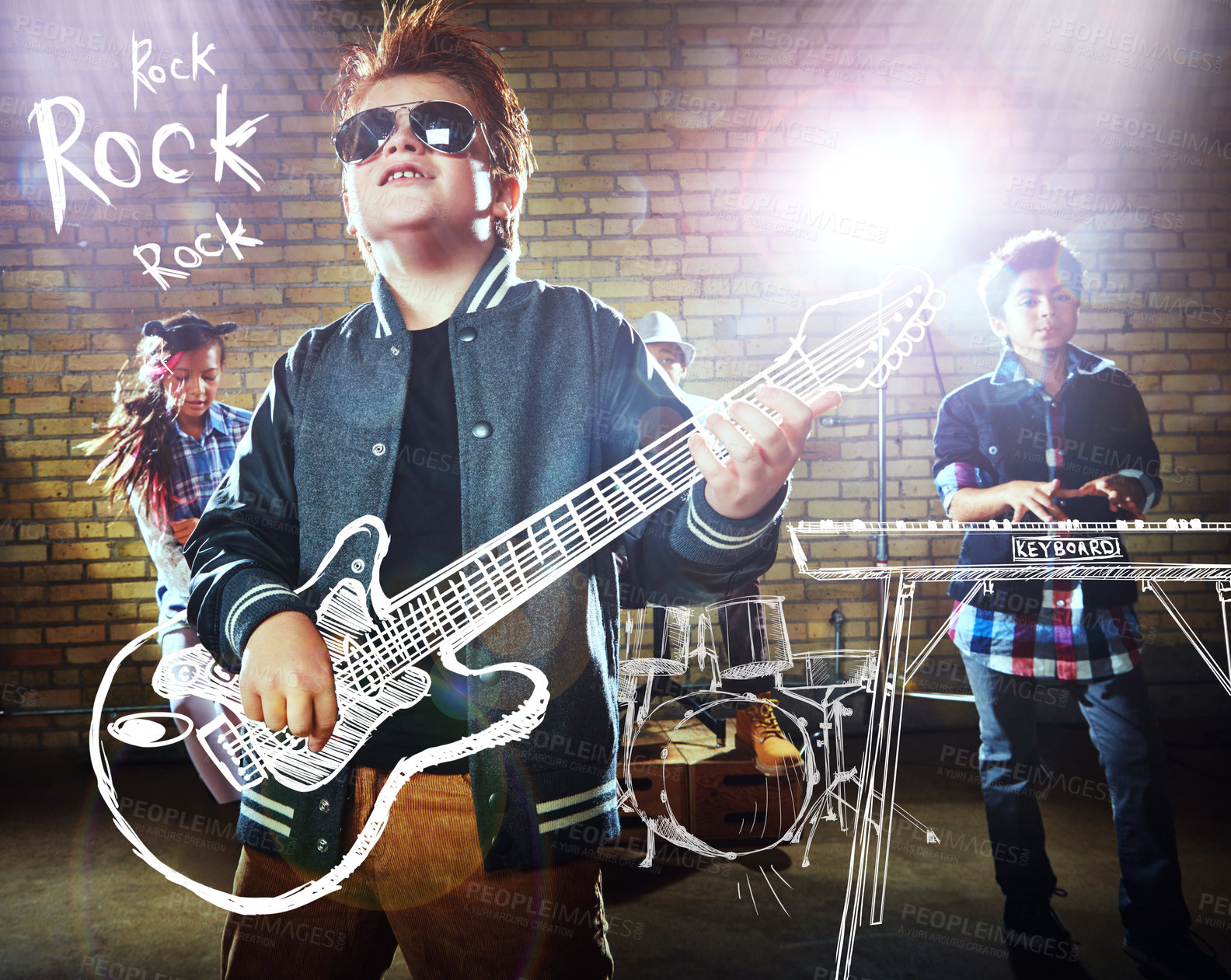 Buy stock photo Shot of children playing rock music on imaginary instruments