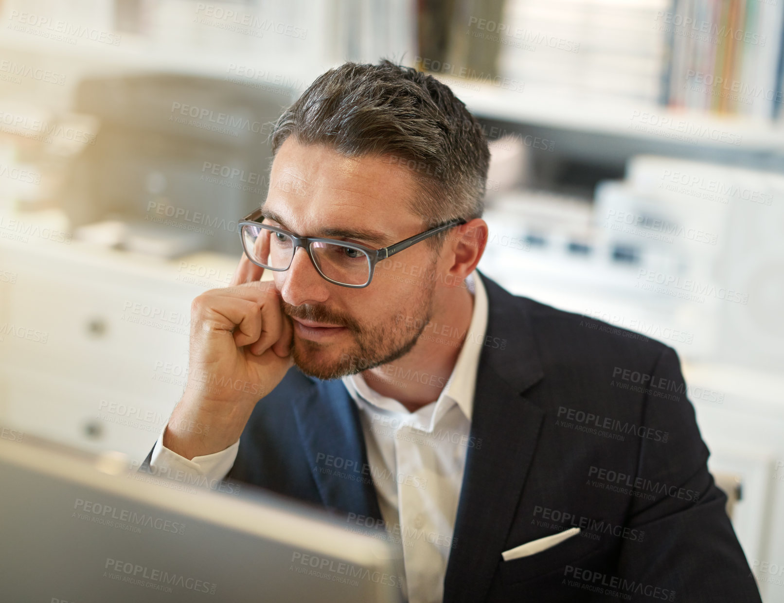 Buy stock photo Thinking, reading or businessman with computer in office for internet, research or information for web. Legal, justice or attorney with glasses for online search, idea or planning court case defense