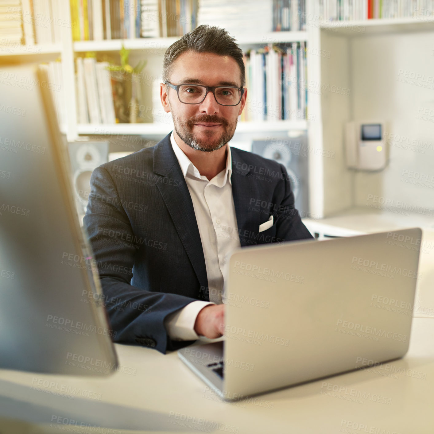 Buy stock photo Laptop, desk and portrait of business man in office for working online, research and website. Investment banker, professional advisor and person on computer for career, financial consulting and job