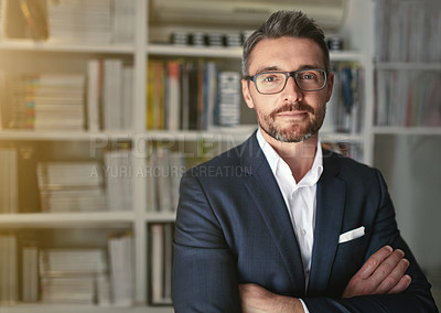 Buy stock photo Portrait of a businessman standing in his office