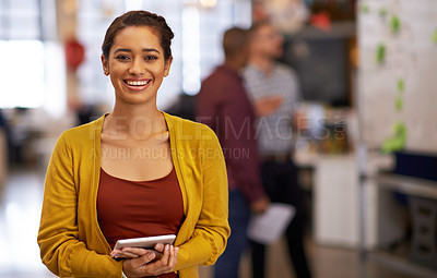 Buy stock photo Cropped portrait of a young businesswoman holding a digital tablet