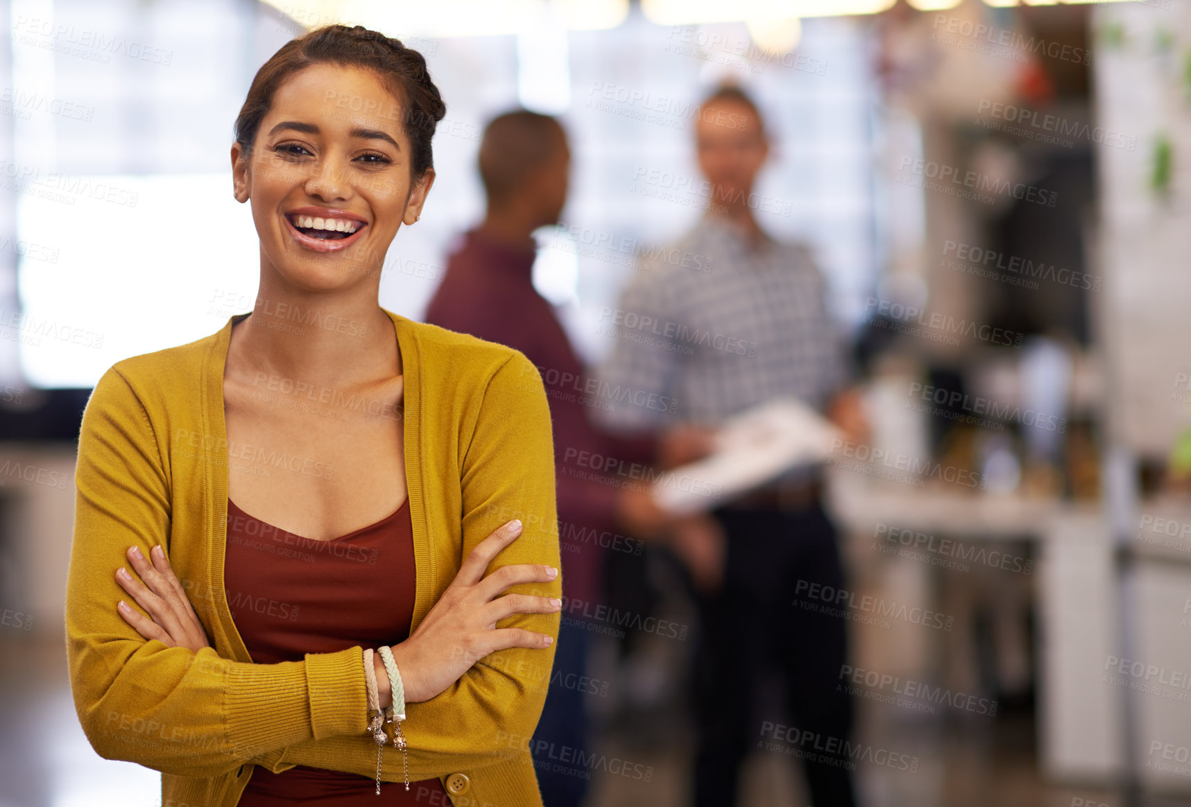 Buy stock photo Cropped portrait of a cheerful young businesswoman standing in an office