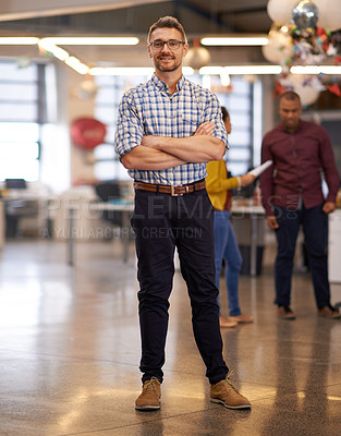 Buy stock photo Full length portrait of a businessman standing in a modern office