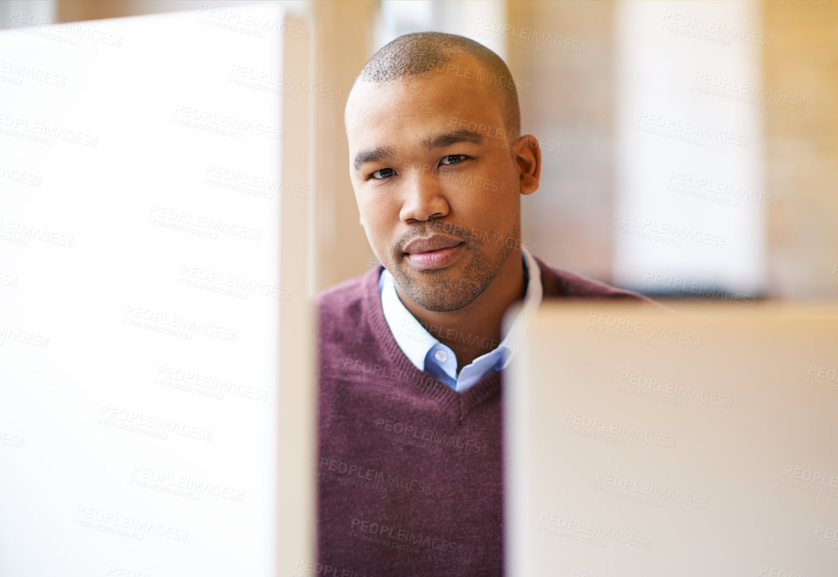 Buy stock photo Black man, portrait and computer for work in office, professional and project management for review. Male person, employee and website for feedback in email, communication and schedule tasks on tech