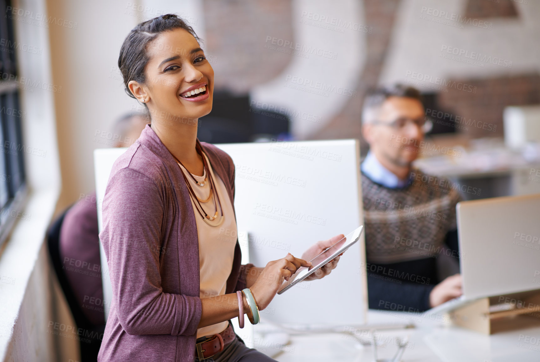 Buy stock photo Portrait, laughing or happy woman on tablet at startup for publishing website or email at media company. Confidence, writer or technology in office for news, feedback or review at creative agency