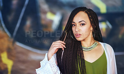 Buy stock photo Cropped portrait of an attractive young woman with piercings