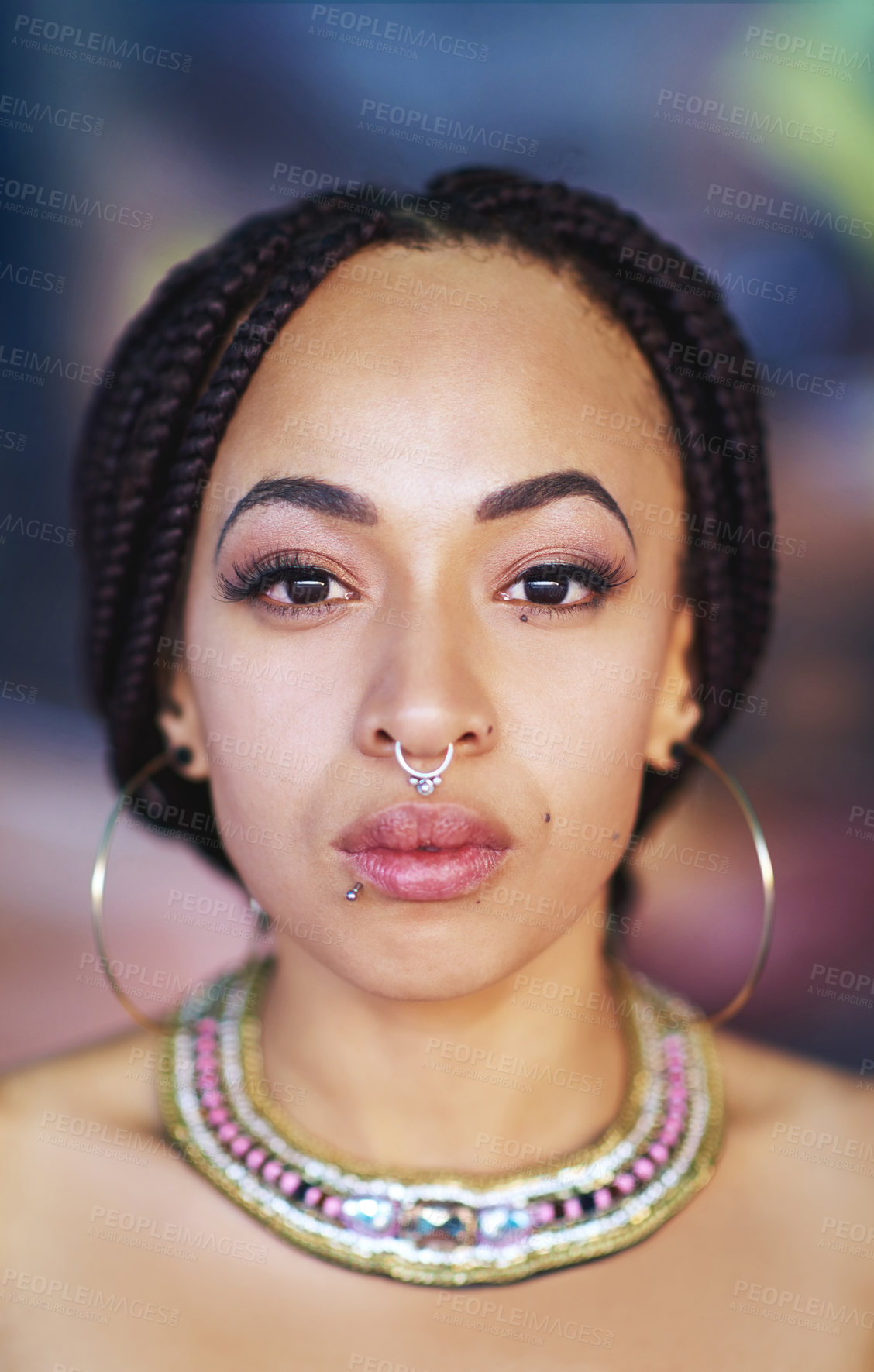 Buy stock photo Portrait of an attractive young woman with piercings
