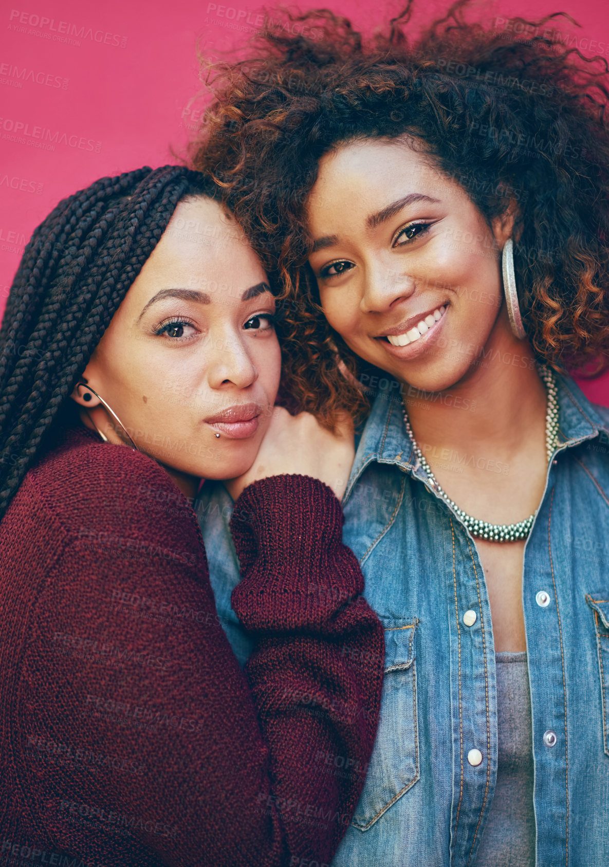 Buy stock photo Friends, portrait and hug in studio for clothes, confident and together for love on pink background. Women, embrace and support for casual outfit, bonding and aesthetic for afro or designer style