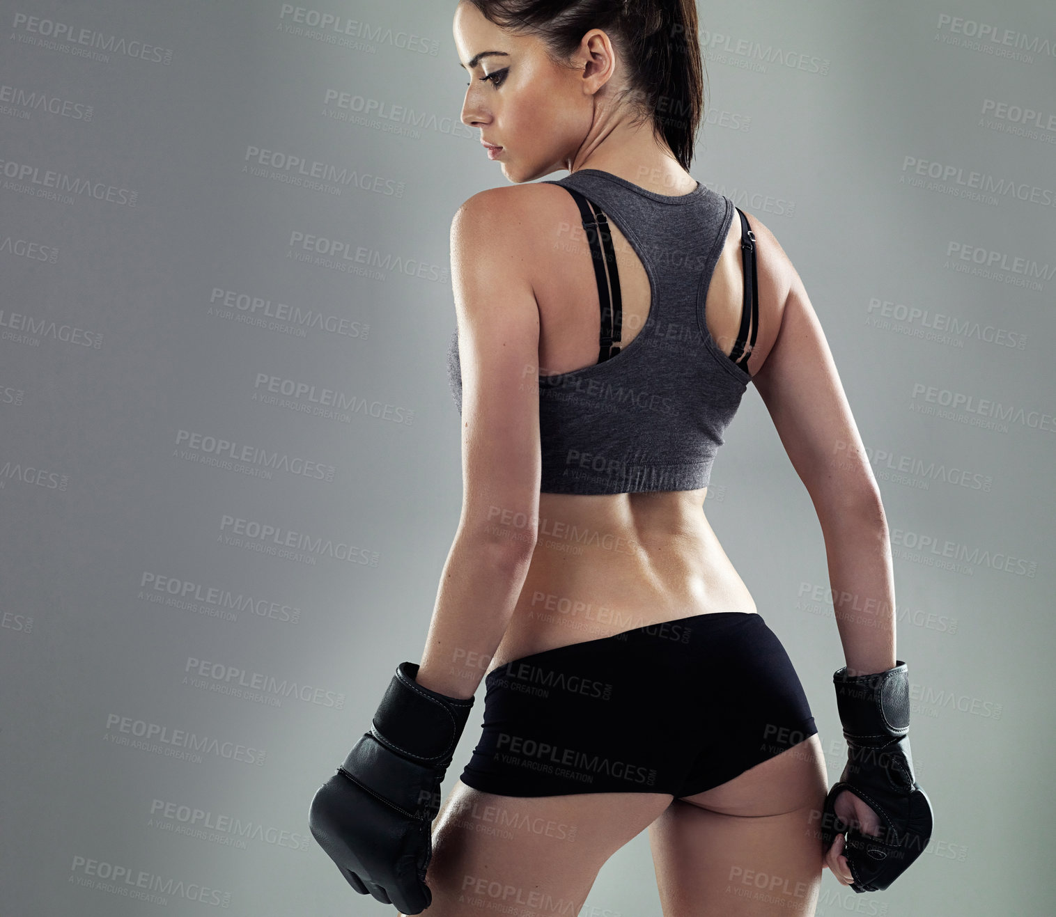 Buy stock photo Profile, boxer and woman on training in studio on gray background to exercise for match or battle. Female person, sports and mockup space with practice, fitness and workout for championship games