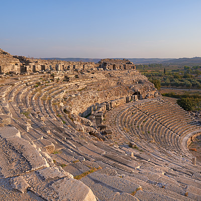 Buy stock photo Theatre, architecture and landscape for history, road trip and turkey culture tourism travel with Greek ruin. Building, destination and scenery with stone, bricks and Balat summer adventure or trip