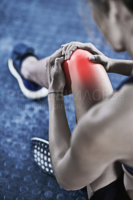 Buy stock photo Woman, hands and knee pain with red glow for injury, accident or bruise in fitness, workout or exercise at gym. Closeup of female person with sore ache, bone or inflammation for hurt joint or muscle