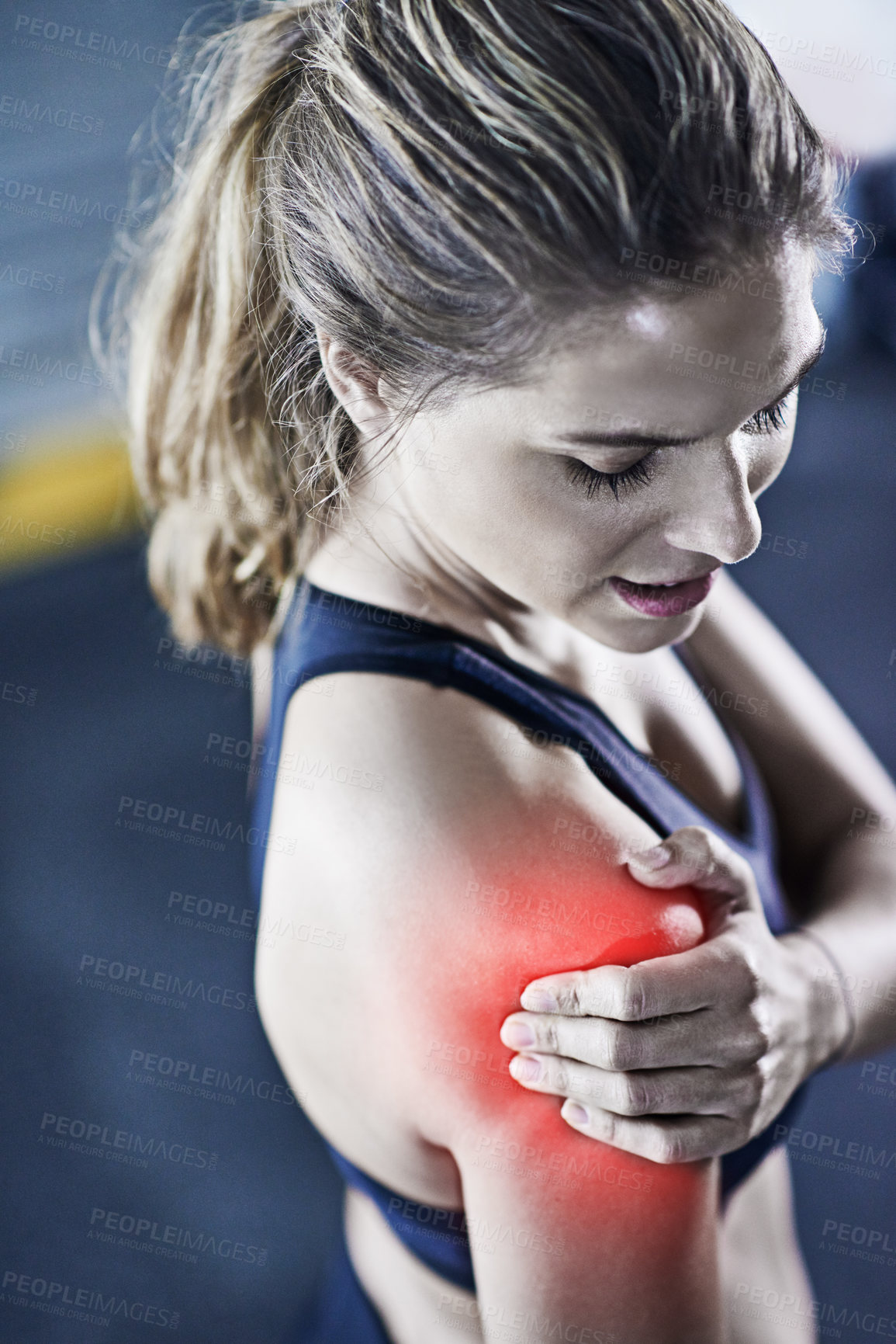 Buy stock photo Frustrated woman, shoulder and pain with fitness injury, bruise or red glow in accident, workout or exercise at gym. Tired female person with sore muscle, ache or inflammation in strain or hurt joint