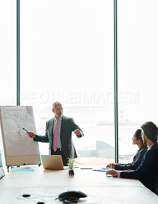 Buy stock photo Speaker, presentation and mature business man in meeting for ux workshop, planning and marketing funnel. Teamwork, web development research and charts with employees in office for target audience