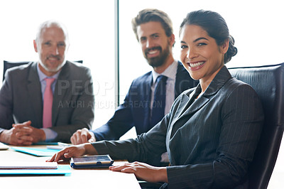 Buy stock photo Teamwork, success and development of a business team sitting together in an office. Portrait of a corporate female and lawyer group ready to start a meeting. Modern workplace workers with a smile 
