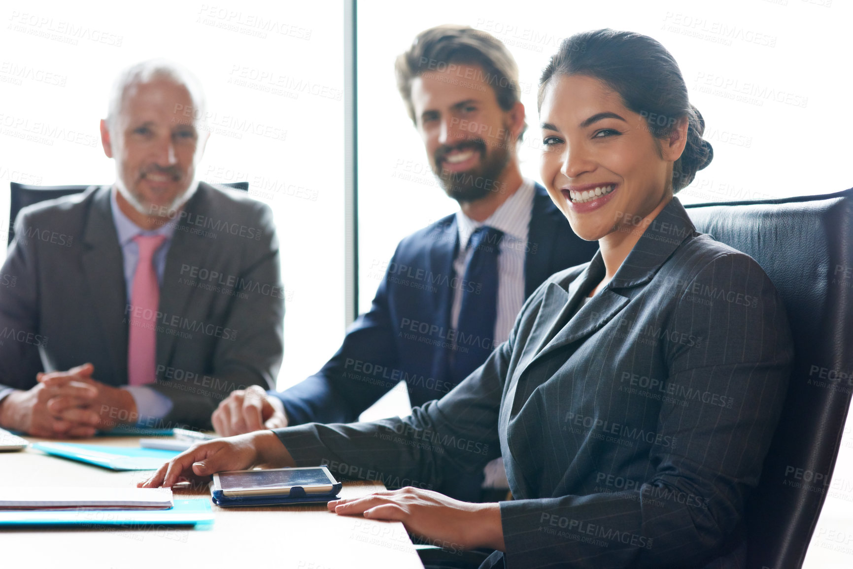 Buy stock photo Teamwork, success and development of a business team sitting together in an office. Portrait of a corporate female and lawyer group ready to start a meeting. Modern workplace workers with a smile 