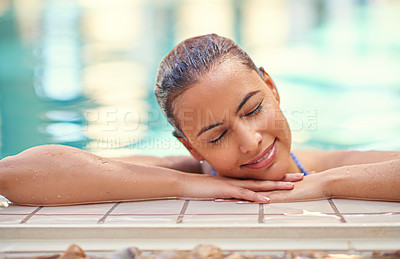 Buy stock photo Happy, woman and relax in water by pool side for summer vacation, getaway and weekend trip. Calm, female person and stress free with smile at hotel for holiday, swimming and tourist resort in Greece