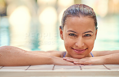 Buy stock photo Woman, portrait and relax in water by pool side for summer vacation, getaway and weekend trip. Happy, female person and face with smile at hotel for swimming, holiday and tourist resort in Greece