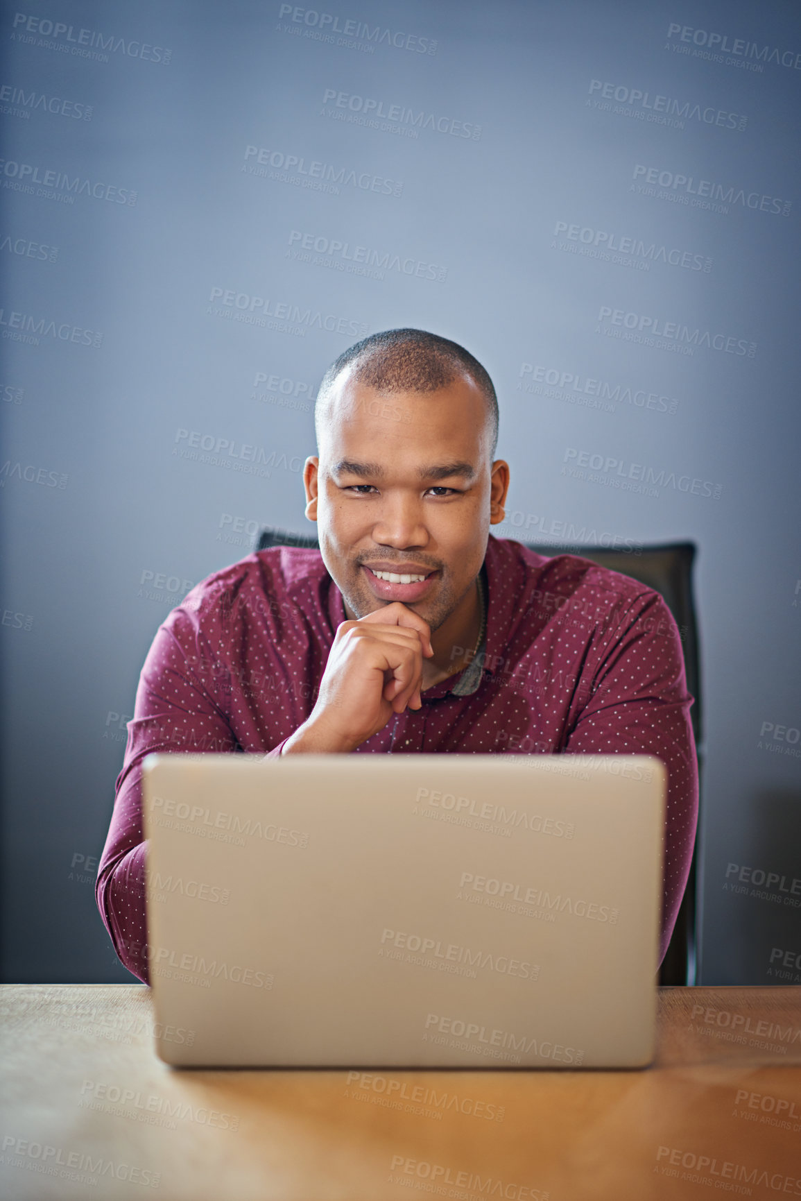 Buy stock photo Business man, laptop and portrait at office, happy and pride for career, networking or project management at startup. Person, computer and smile with proposal, feedback or contact at creative agency