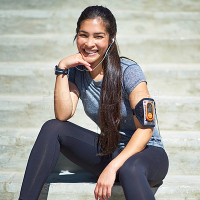 Buy stock photo Happy woman, portrait and fitness with headphones on steps for break, relax or listening to music in city. Female person with smile or earphones on stairs for podcast, playlist or audio after workout