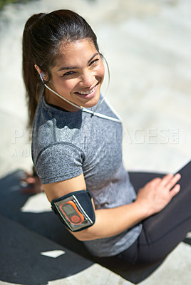 Buy stock photo Happy woman, portrait and fitness with earphones for relax, break or listening to music on stairs in city. Female person with smile or headphones on steps for podcast, playlist or audio after workout