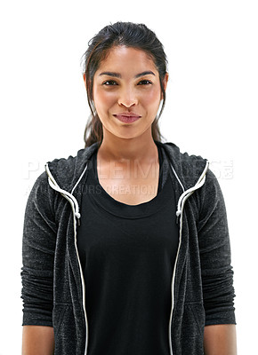 Buy stock photo Portrait of a fit young woman in sports clothing posing against a white background