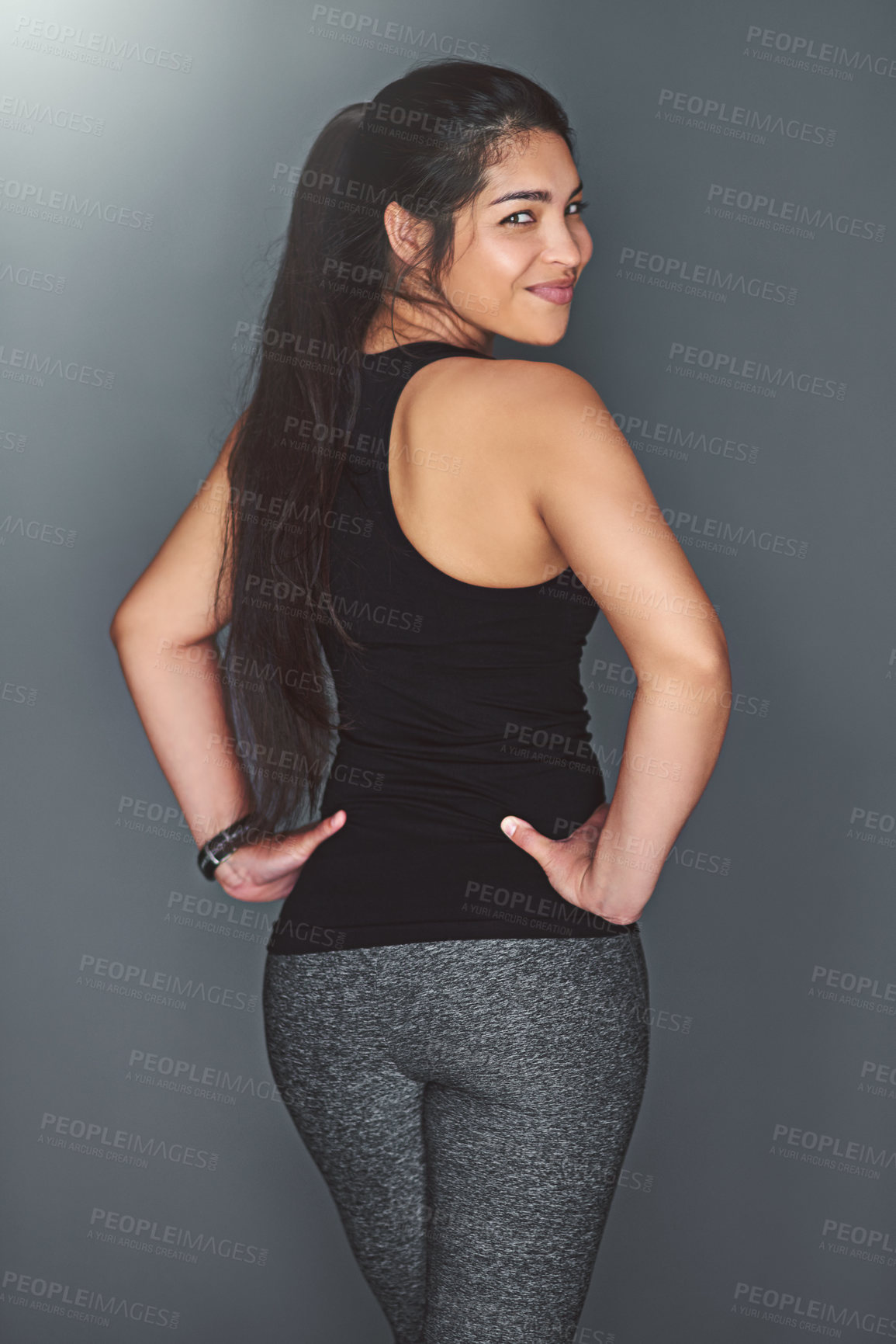 Buy stock photo Fitness, back and portrait of woman with smile for wellness, healthy body and wellbeing in studio. Sports, personal trainer and happy person for exercise, training and workout on gray background