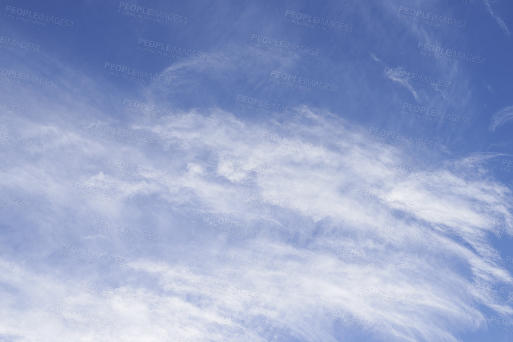 Buy stock photo Copyspace blue sky and white clouds, wonders of nature. Clear soft blue, scenic air view on the horizon, a relaxing day, fluffy, puffy light weather. Open clean heavens with high in the bright sky