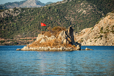 Buy stock photo Small island in a large lake in Western Turkey