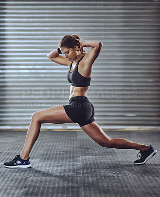 Buy stock photo Stretch, legs and woman for exercise lunge, fitness and sports for health on blurred background. Gym, training and warm up for wellness and body, female person and athlete for strength and muscle