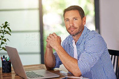 Buy stock photo Portrait, laptop and man in home office with research, planning and creative professional with online job. Remote work, business ideas and designer with computer, confidence and freelance project