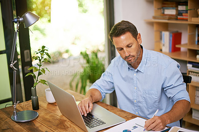 Buy stock photo Writing, planning and man in home office with laptop, business growth and professional with online stats report. Remote work, data analysis and consultant with computer, documents or research notes