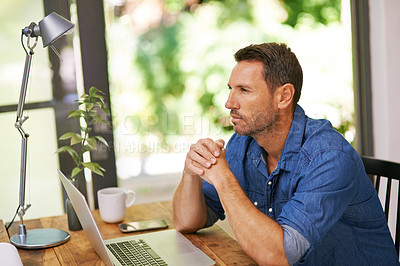 Buy stock photo Man, thinking and laptop for remote work from home office with inspiration, ideas or vision for small business. Person, computer and creative with planning, insight or start with project at apartment