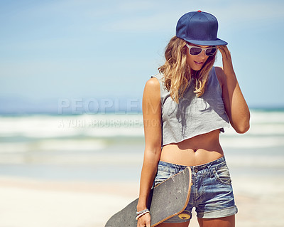 Buy stock photo Woman, beach and hobby with skateboard and sunglasses for summer break and relax in Atlanta. Ocean, female person and skater with talent or sport for fitness, health and wellness for fun or enjoy