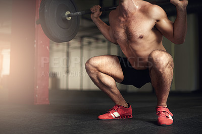 Buy stock photo Weightlifting, barbell and body of man in gym for workout, bodybuilder training and intense exercise. Fitness, sports and person lift heavy weights for strength, muscles and strong arms for challenge