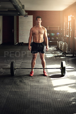 Buy stock photo Man, portrait and barbell weightlifting in gym for muscle growth or bodybuilder athlete, sports or training. Male person, equipment and fitness health in workout centre for strength, arms or wellness