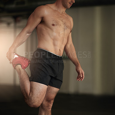 Buy stock photo Man, legs and stretching warm up in gym or healthy mobility or flexibility training, workout or agility. Male person, body and balance for injury recovery or wellness target for goals, muscle or yoga