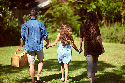 Buy stock photo Rearview shot of a young family walking towards their picnic spot