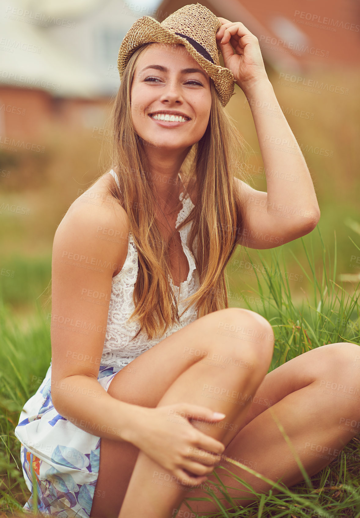 Buy stock photo Break, smile and thinking with woman in wheat field outdoor for holiday, travel or vacation in summer. Hat, idea and wellness with happy person in countryside or nature to relax for peaceful break