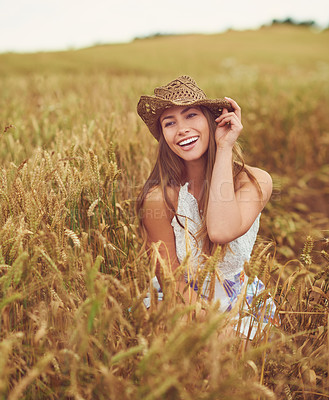 Buy stock photo Portrait, wheat field and woman with nature, funny and travel with adventure, countryside and summer holiday. Face, person and girl with wellness outdoor and calm with happiness, laugh or environment