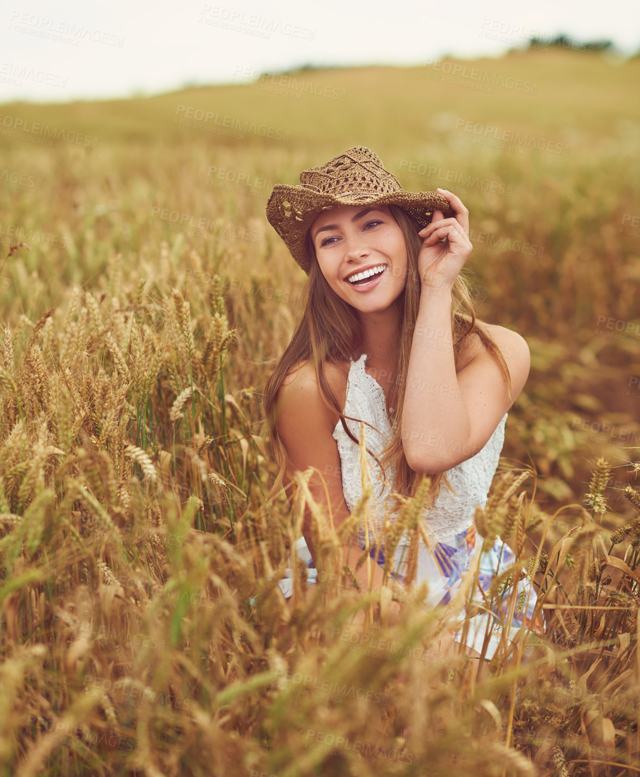 Buy stock photo Portrait, wheat field and woman with nature, funny and travel with adventure, countryside and summer holiday. Face, person and girl with wellness outdoor and calm with happiness, laugh or environment