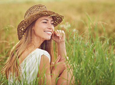 Buy stock photo Future, relax and smile with woman in wheat field outdoor for holiday, travel or vacation in summer. Face, hat and thinking with happy person in countryside or nature for calm or peaceful break