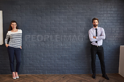 Buy stock photo Creative people, portrait and wall with team for presentation, coaching or conference at office. Businessman, woman or presenters with smile, confidence or mockup space for communication or startup