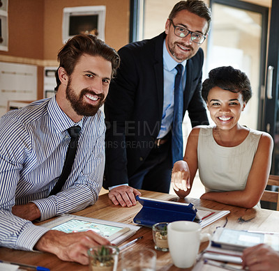 Buy stock photo Business, team and portrait with meeting in office for budget planning, corporate funding review and strategy. Finance manager, employees and happy people with digital technology for project capital