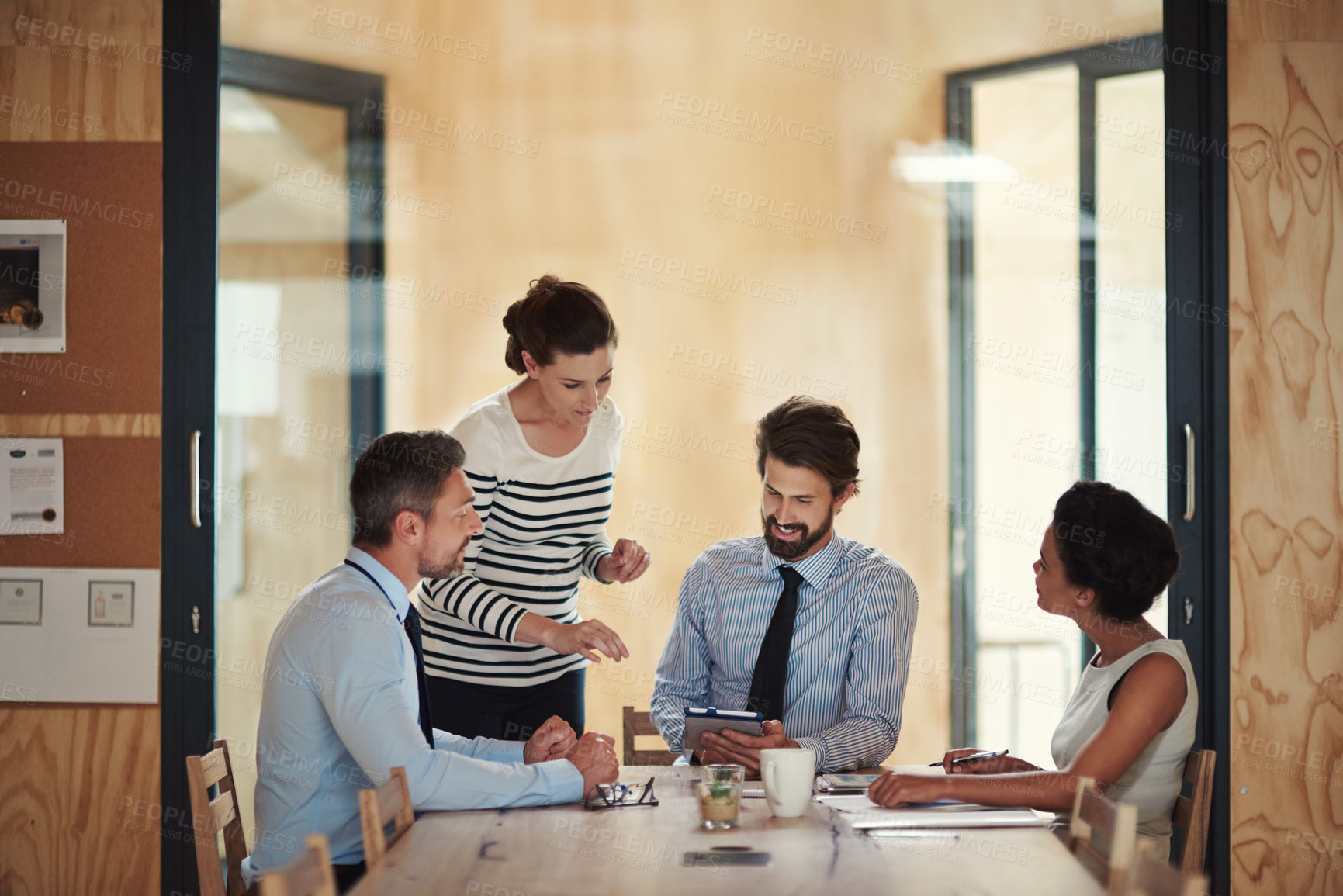 Buy stock photo Partnership, discussion and business people with tablet, brainstorming and project planning for ideas. Branding agency, diversity and team director for creative, b2b and workshop meeting in office