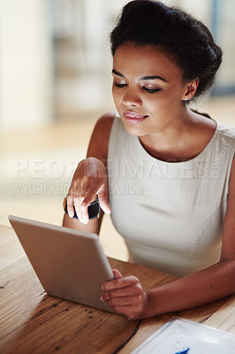 Buy stock photo Business woman, tablet and reading at desk with tech and digital planning for labor law case. Research, professional and online on the internet and website at an attorney firm with thinking and idea