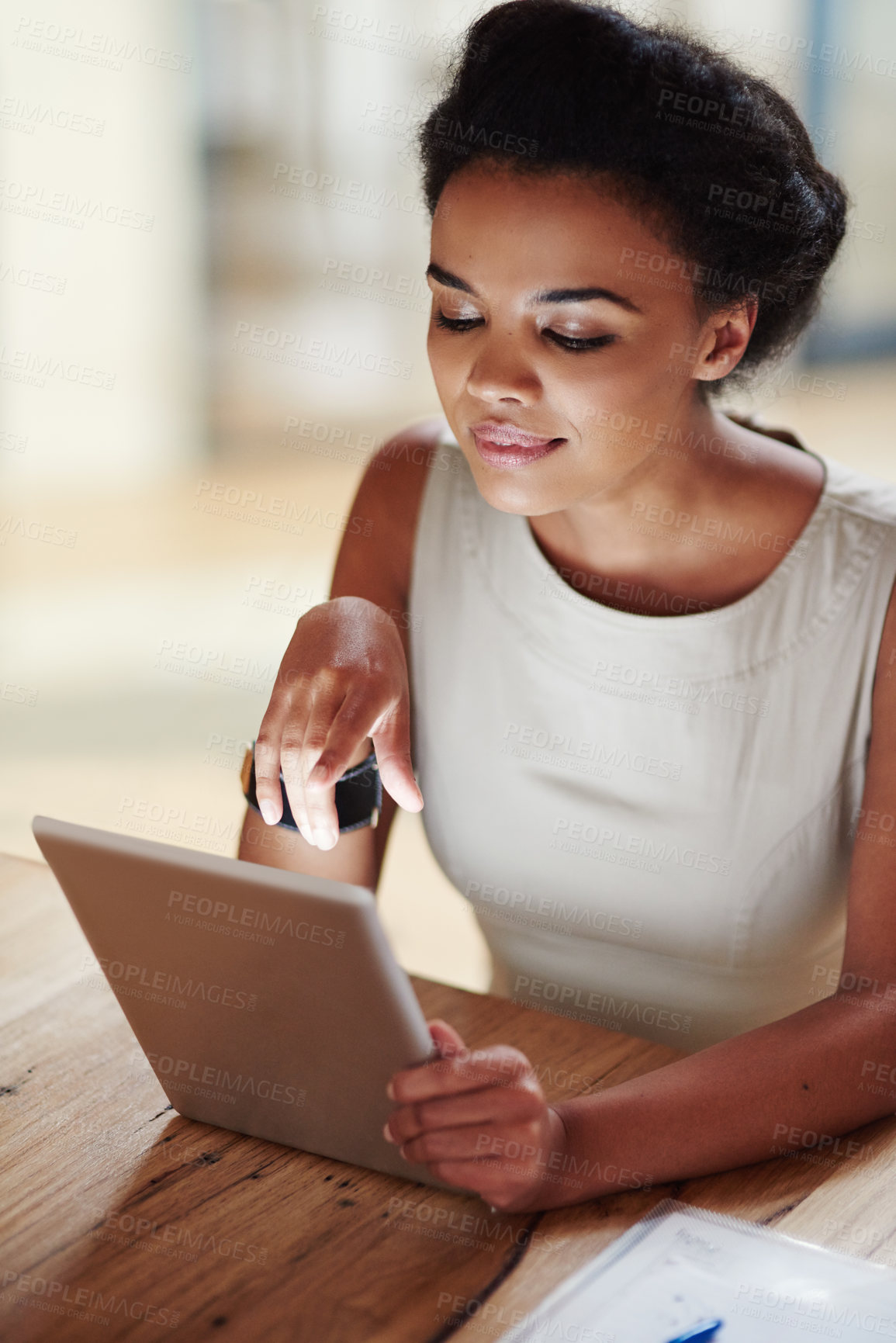 Buy stock photo Business woman, tablet and reading at desk with tech and digital planning for labor law case. Research, professional and online on the internet and website at an attorney firm with thinking and idea