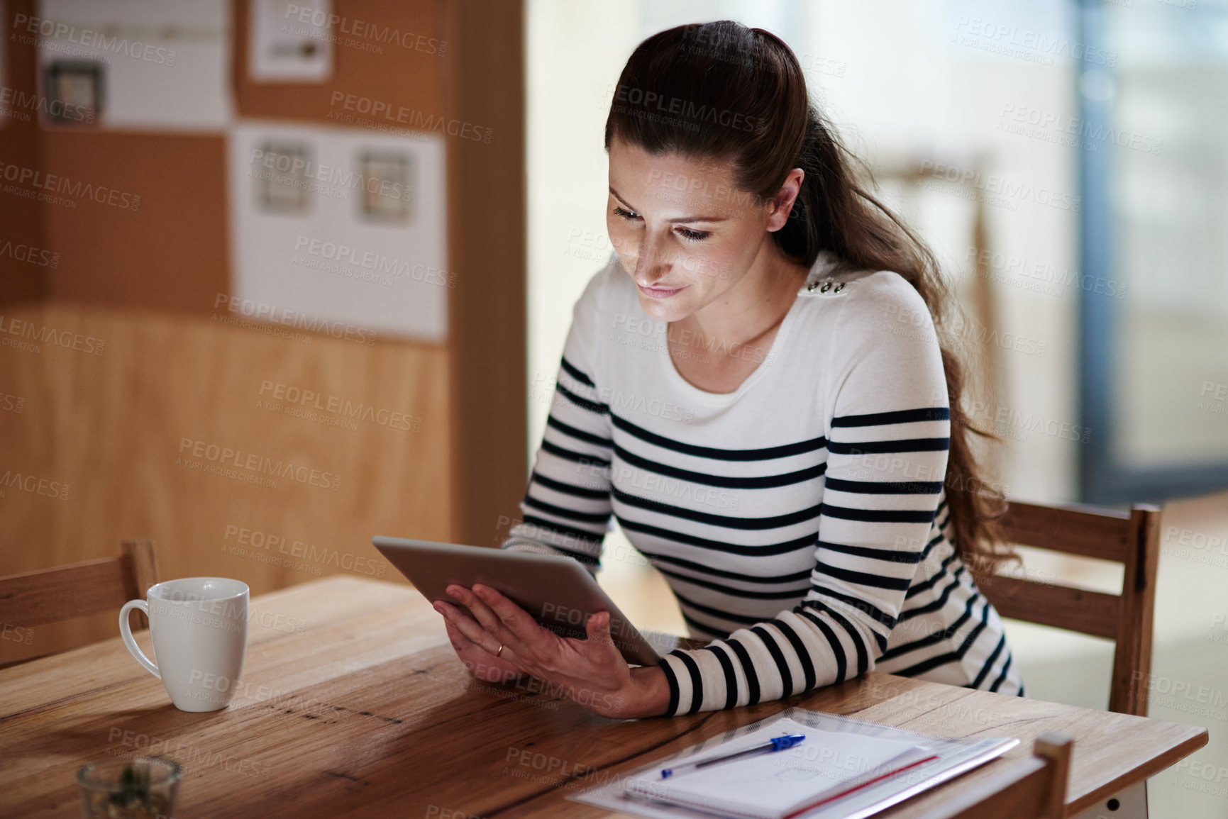 Buy stock photo Business woman, reading and tablet in office for communication, networking and client feedback. Employee, technology and tech in workplace for report review, project research and development proposal